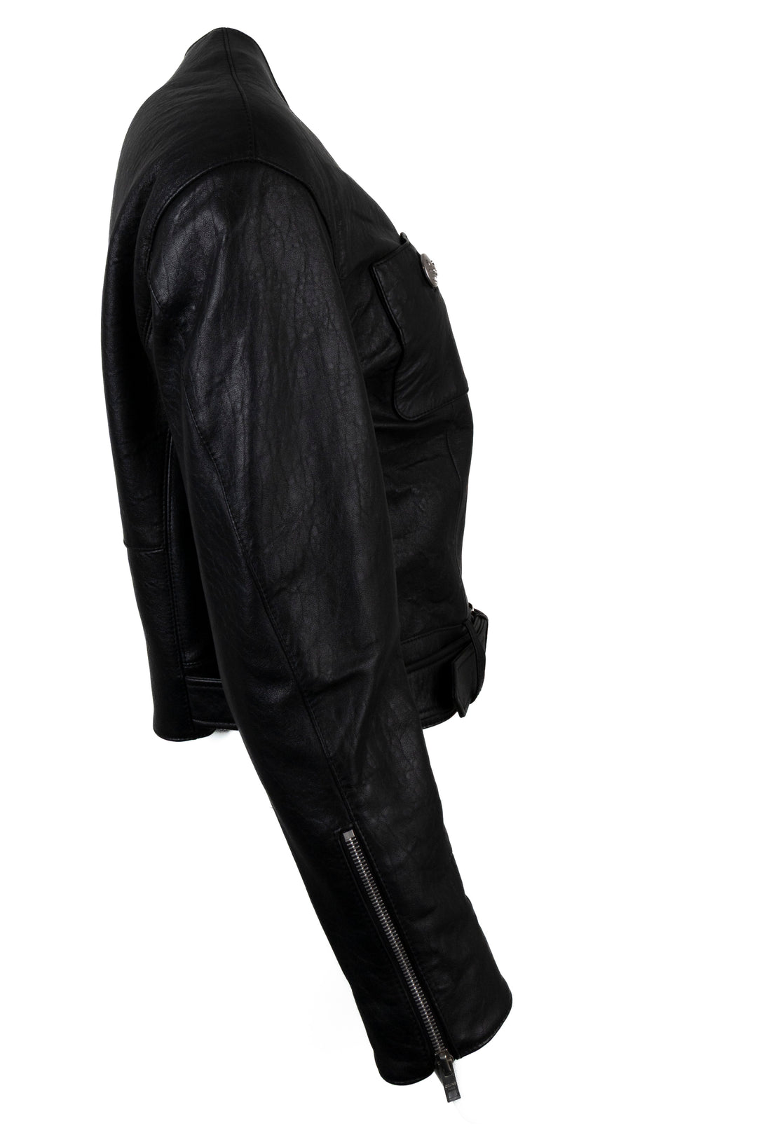 CELINE Belted Biker Leather Jacket Black Structured Leather