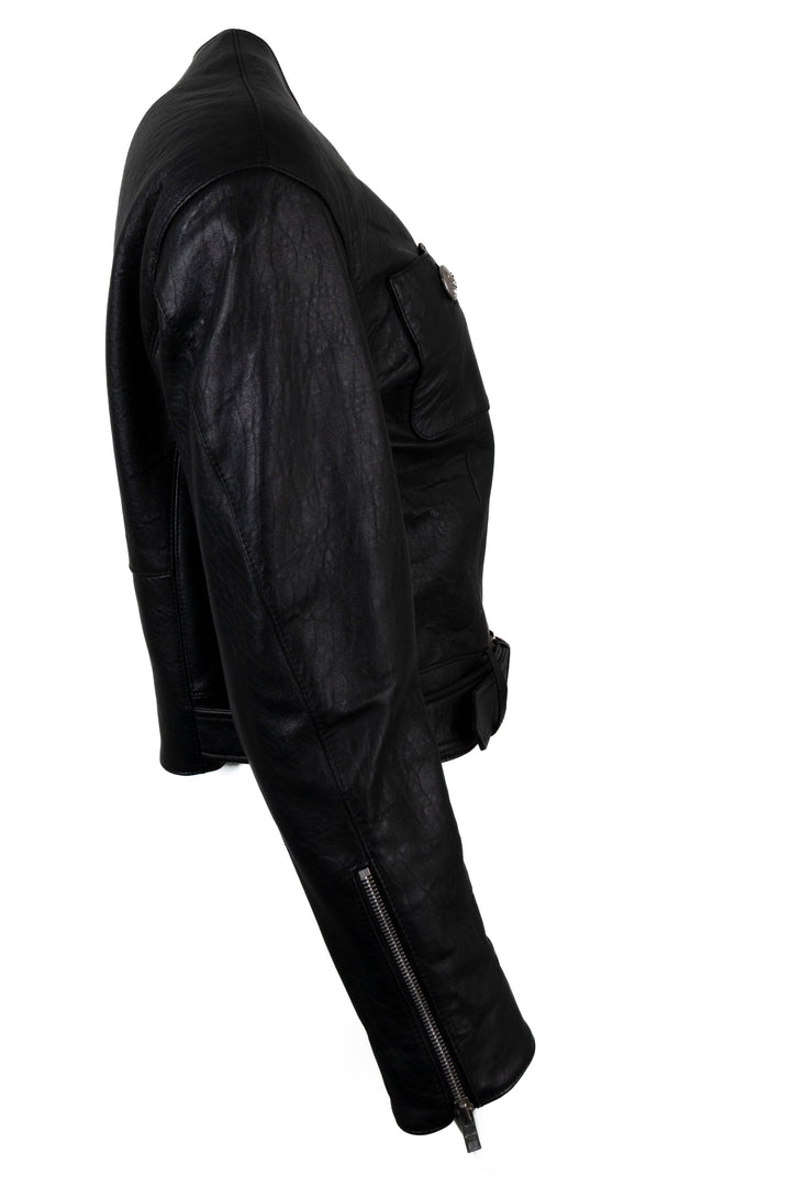 CELINE Belted Biker Leather Jacket Black Structured Leather
