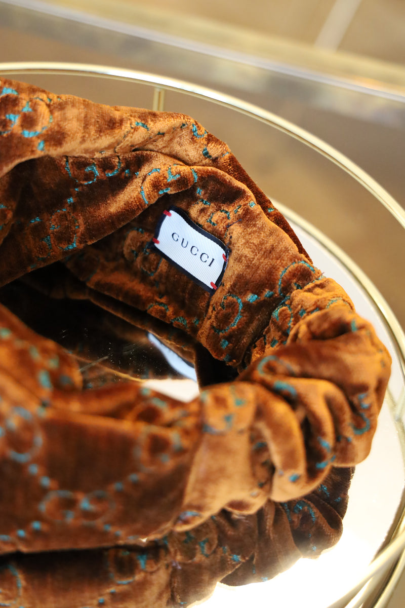 GUCCI Logo Velvet Twist Headband Bronze
