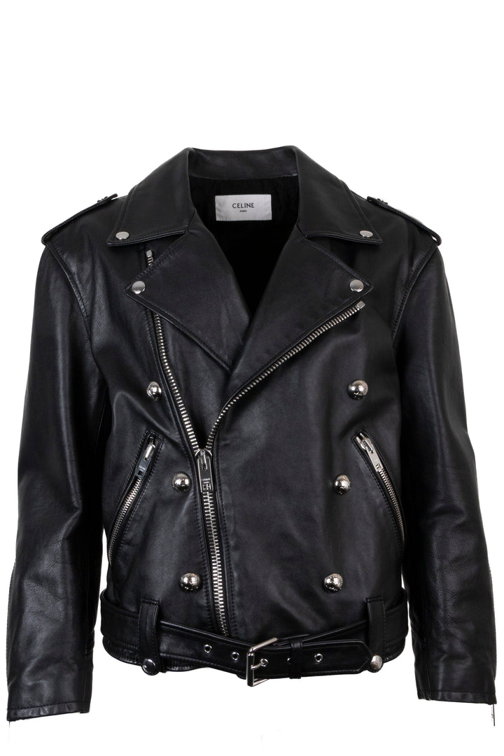 CELINE Triomphe Button Belted Biker Leather Jacket Black