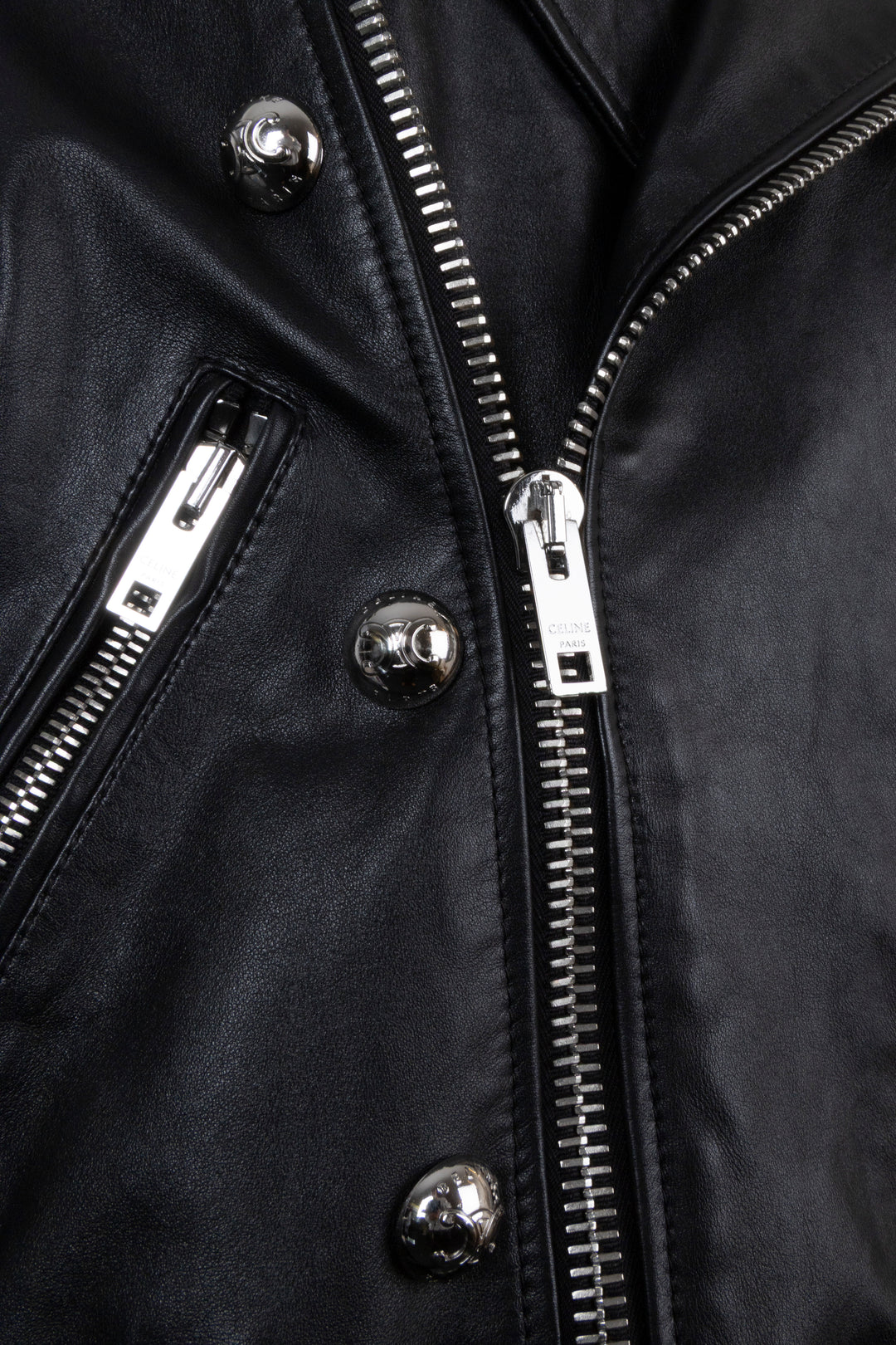 CELINE Triomphe Button Belted Biker Leather Jacket Black