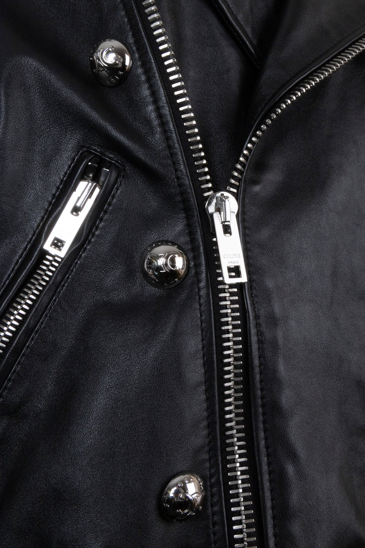 CELINE Triomphe Button Belted Biker Leather Jacket Black