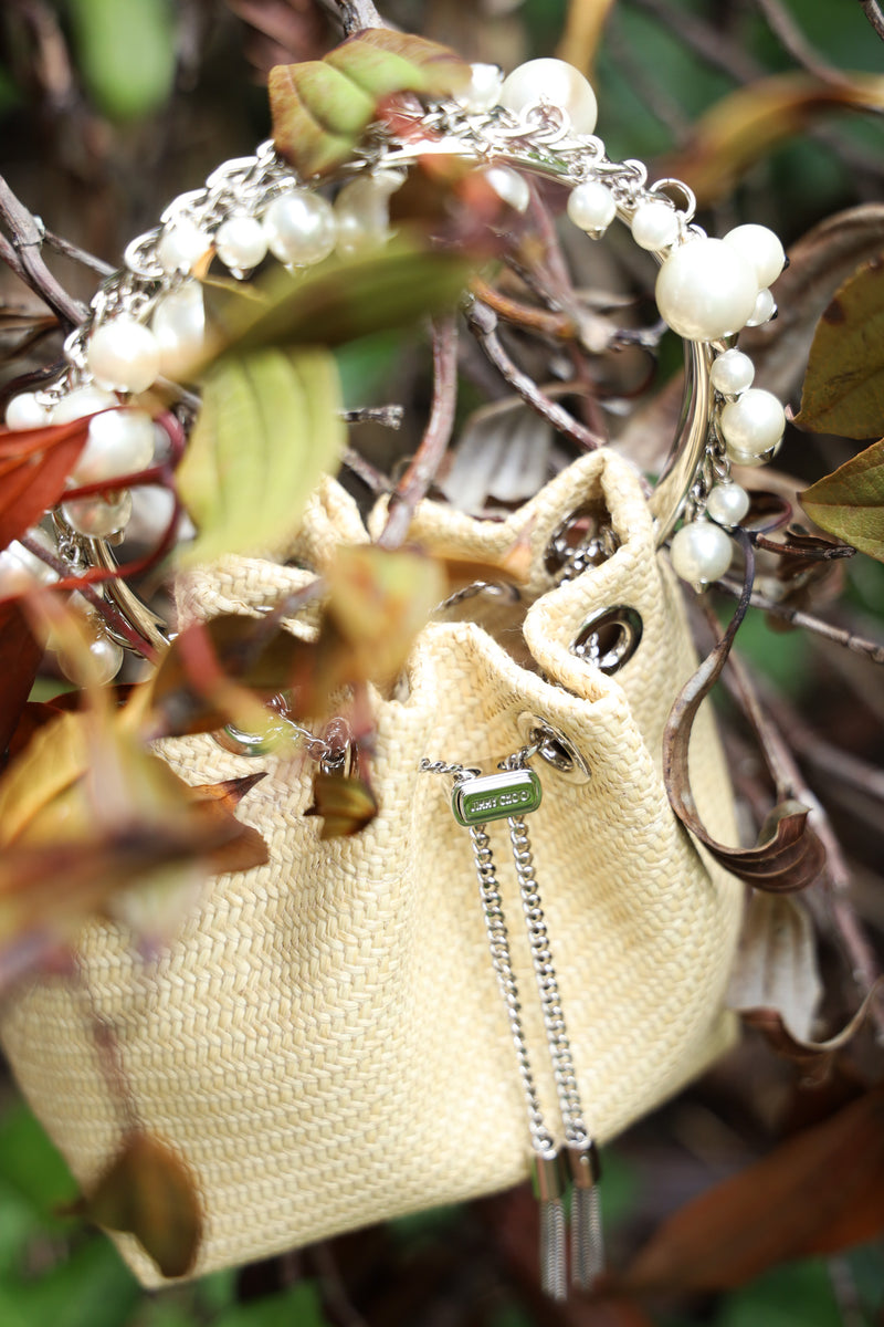 JIMMY CHOO Mini Bon Bon Bucket Bag Raffia Natural