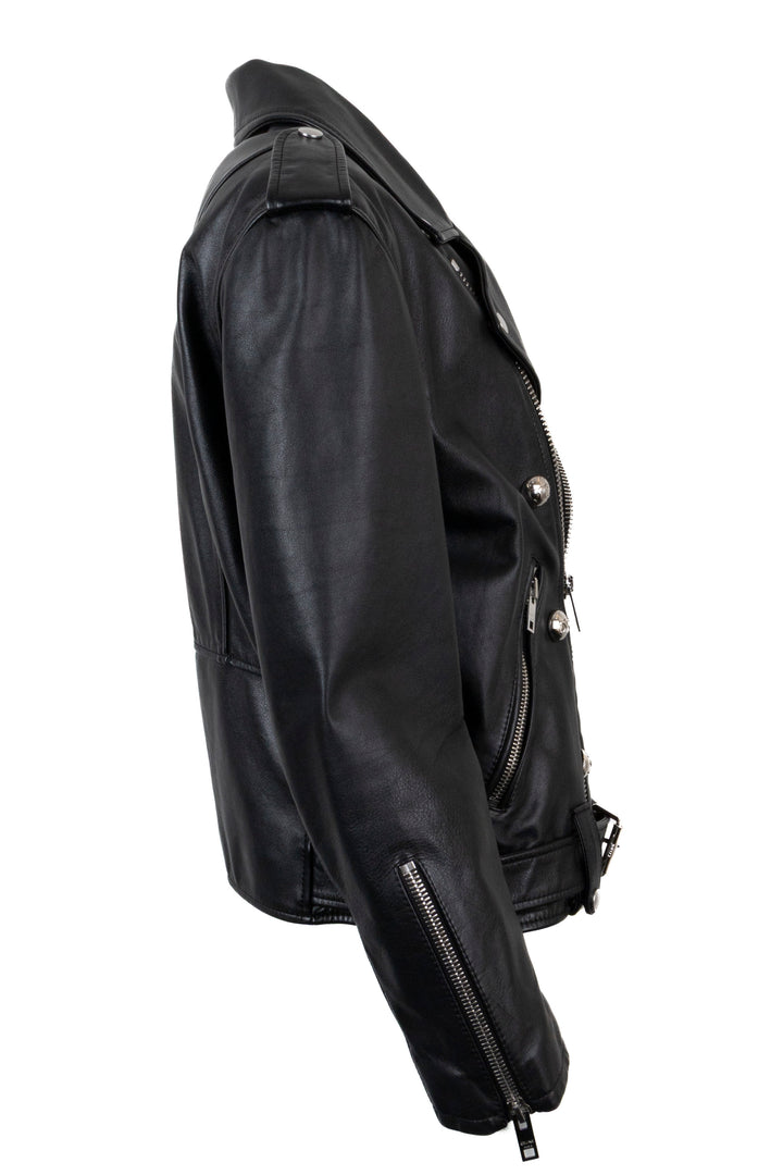 CELINE Triomphe Button Belted Biker Leather Jacket Black