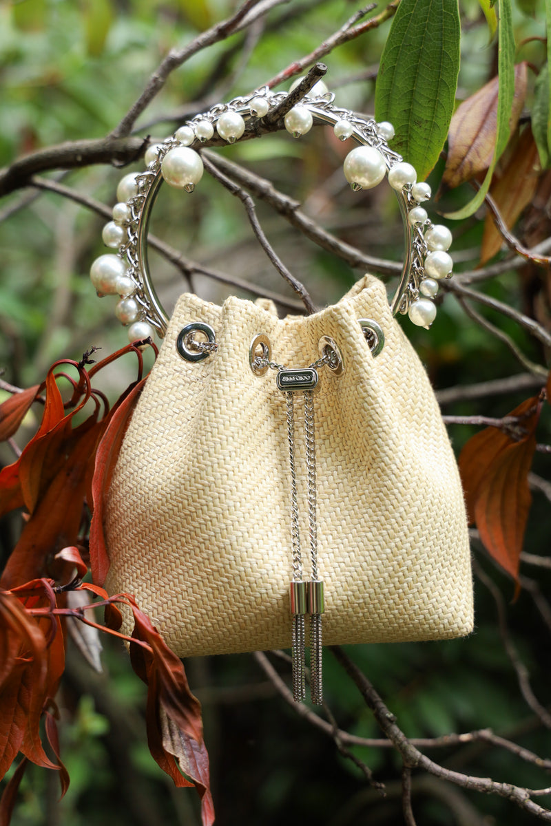 JIMMY CHOO Mini Bon Bon Bucket Bag Raffia Natural