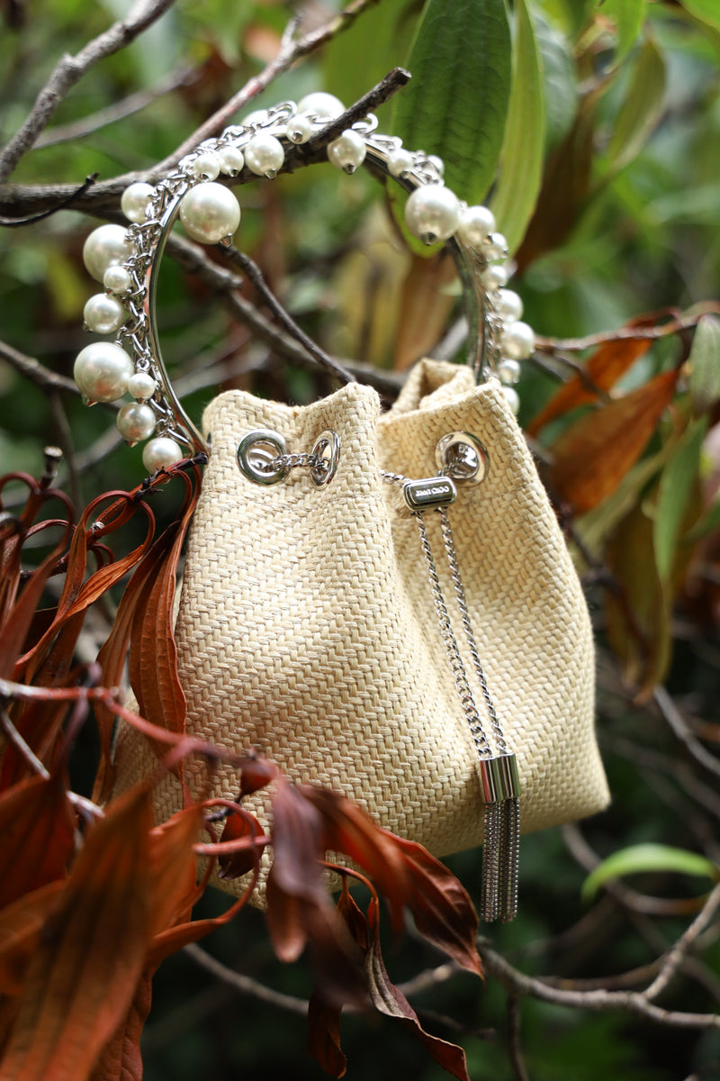 JIMMY CHOO Mini Bon Bon Bucket Bag Raffia Natural