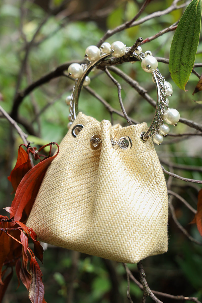 JIMMY CHOO Mini Bon Bon Bucket Bag Raffia Natural