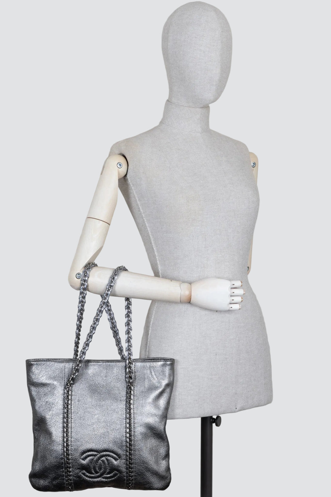 CHANEL CC Chain Tote Bag Leather Metallic Silver