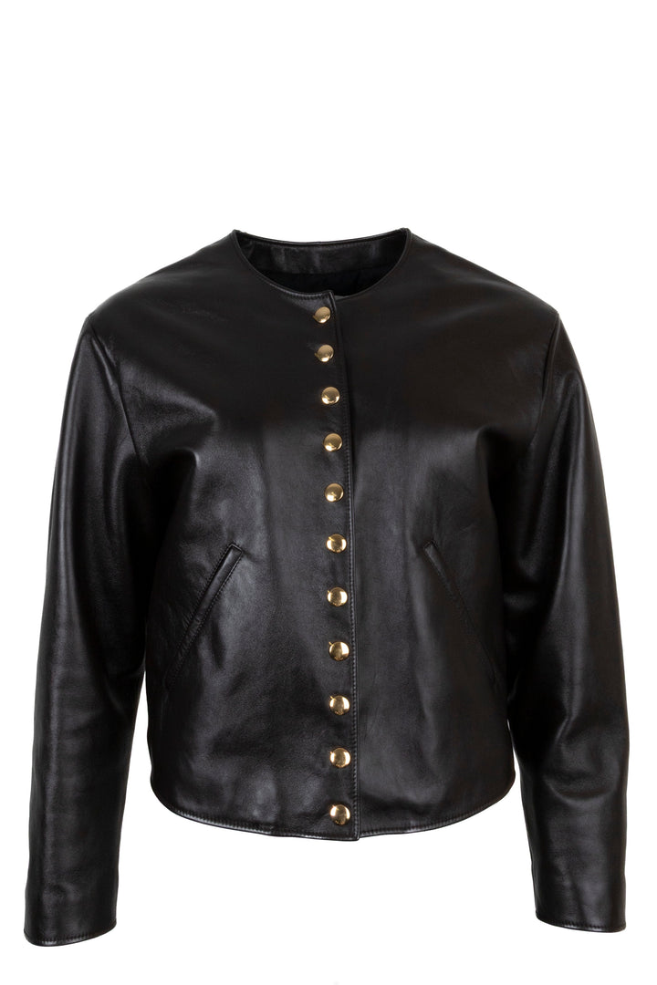CELINE Gold Buttoned Leather Jacket Brown