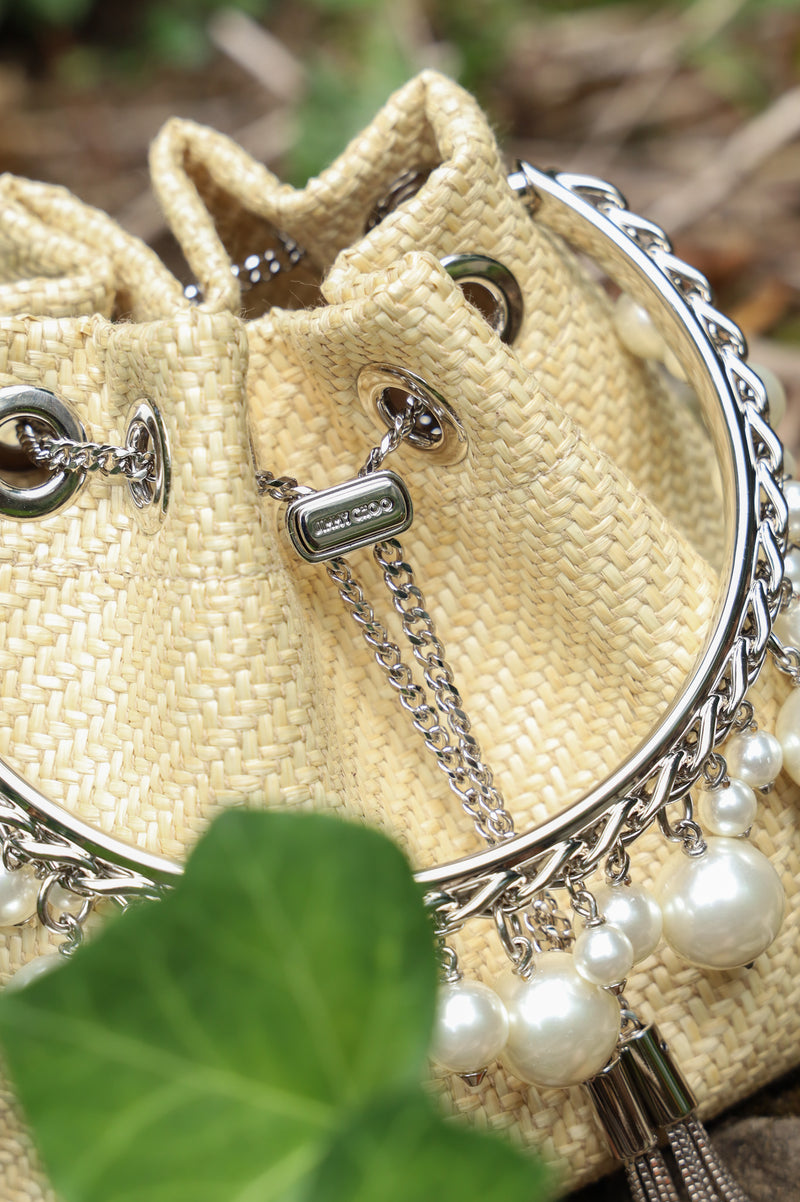 JIMMY CHOO Mini Bon Bon Bucket Bag Raffia Natural