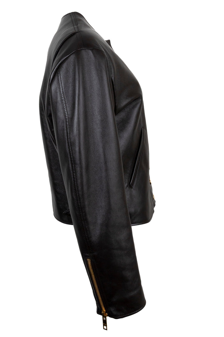 CELINE Gold Buttoned Leather Jacket Brown