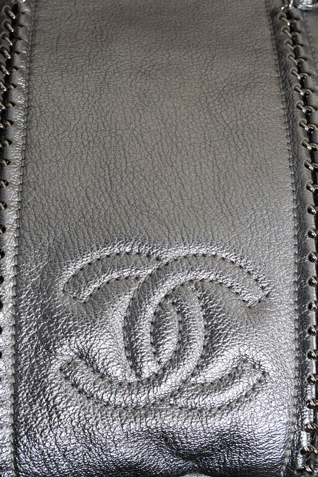 CHANEL CC Chain Tote Bag Leather Metallic Silver