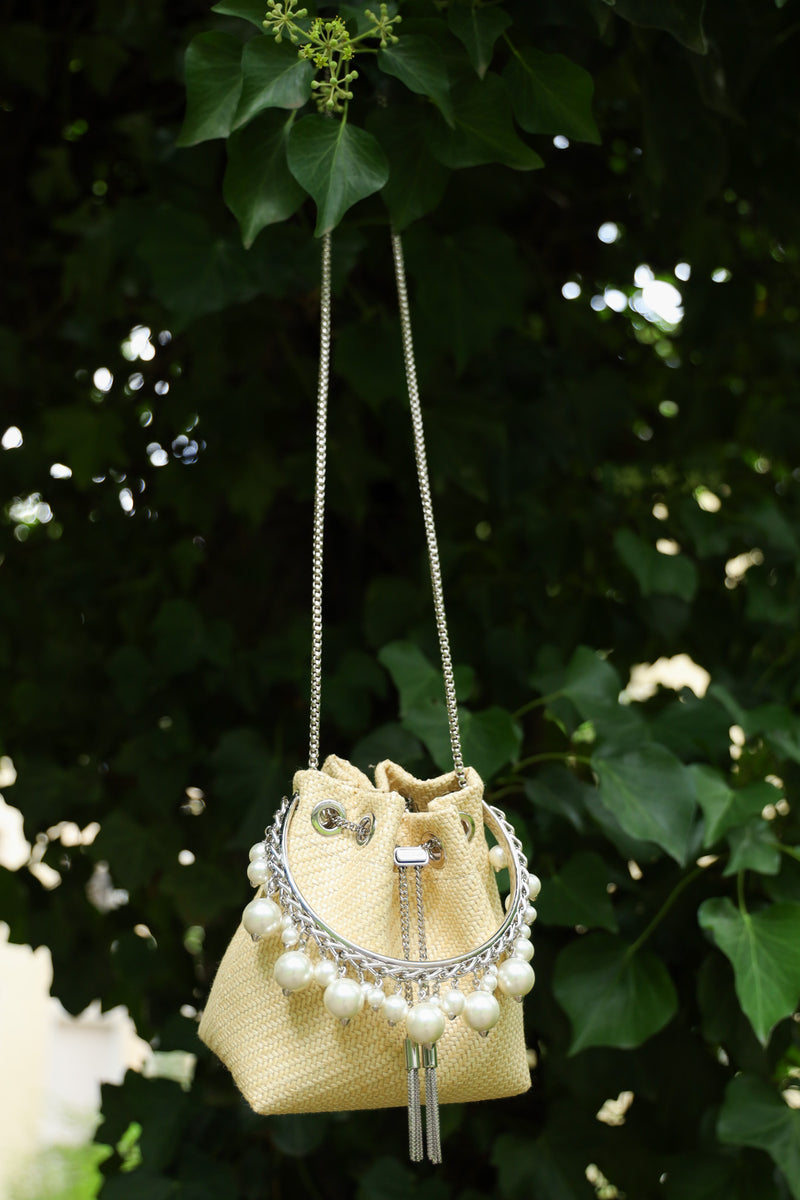 JIMMY CHOO Mini Bon Bon Bucket Bag Raffia Natural