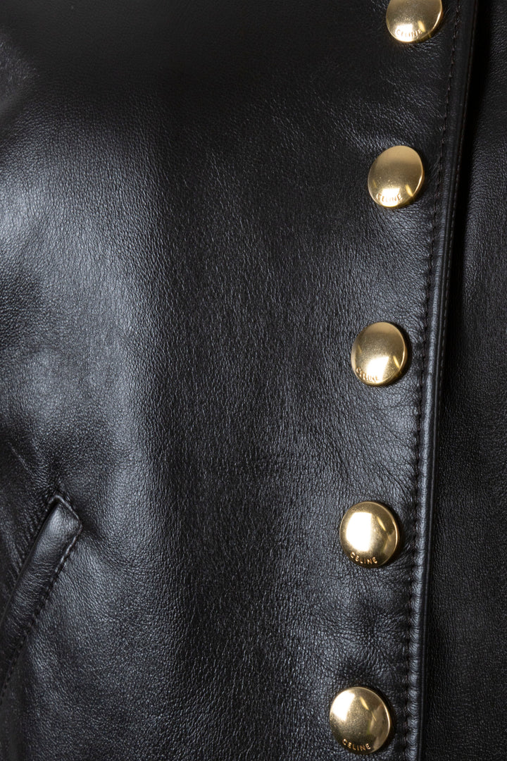 CELINE Gold Buttoned Leather Jacket Brown