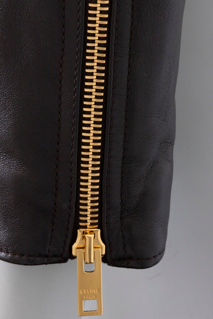 CELINE Gold Buttoned Leather Jacket Brown
