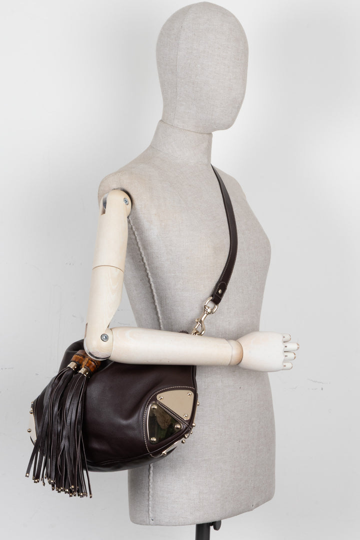 GUCCI Indy Hobo Bag Leather Brown Metal