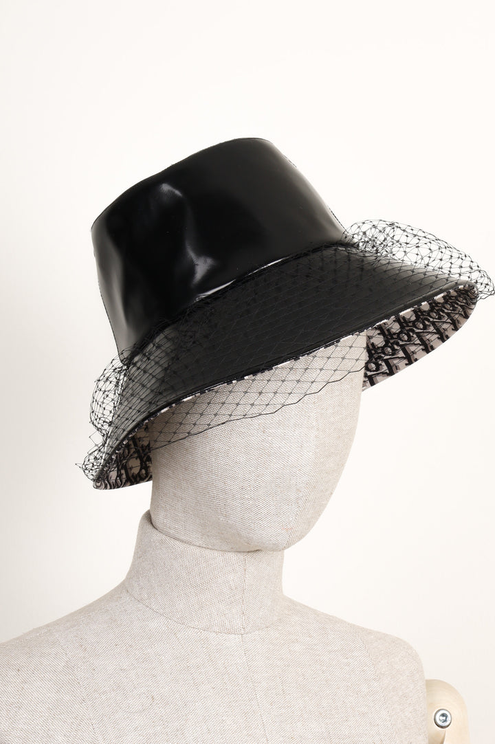 CHRISTIAN DIOR Teddy D Vinyl Large Brim Hat with Veil