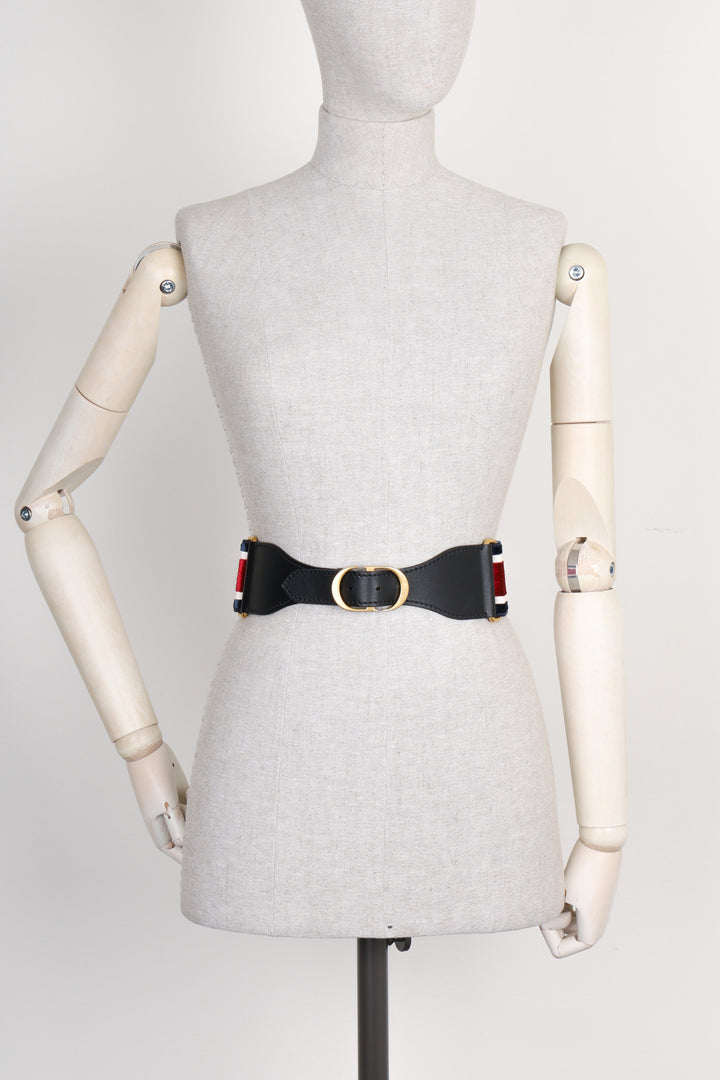 CHRISTIAN DIOR Embroidered Canvas Belt Red &amp; Blue
