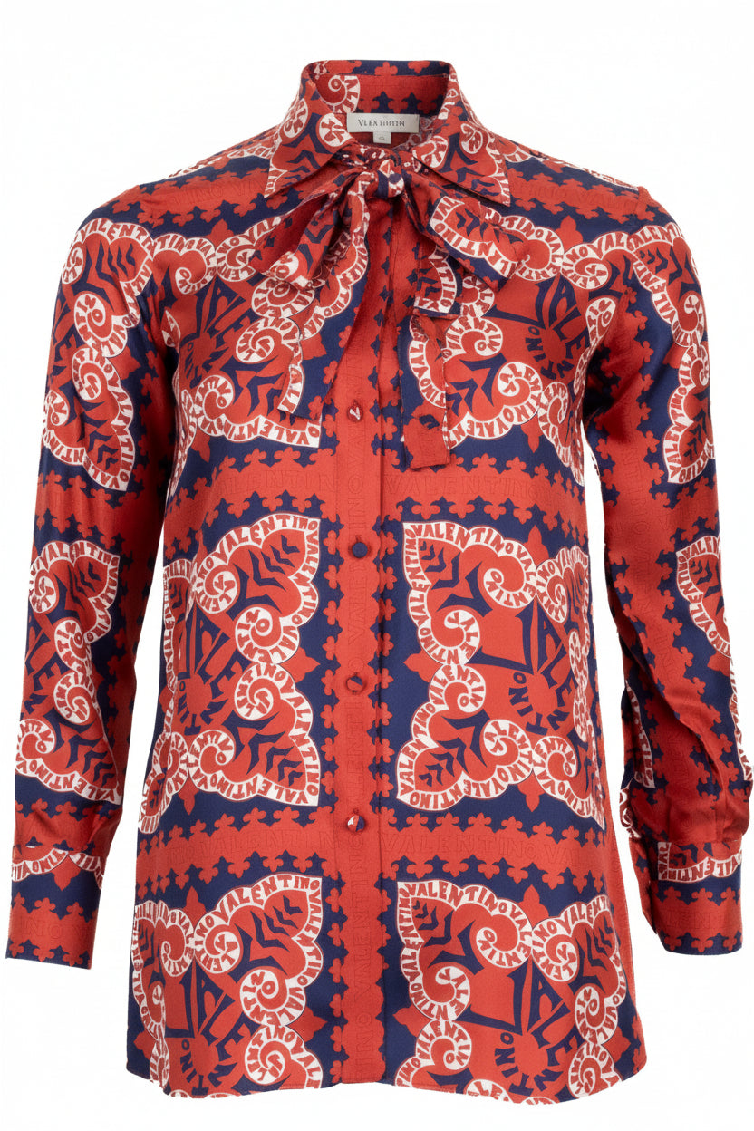 VALENTINO Bandana Print Tie Shirt Silk Red Blue
