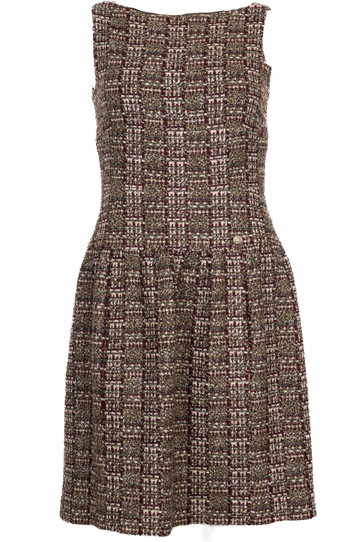 CHANEL 2013 Pleated Boucle Dress Green Red