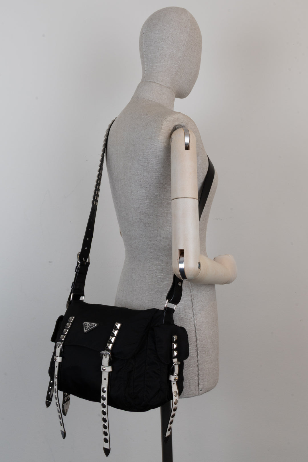 PRADA Studded New Vela Crossbody Bag Black