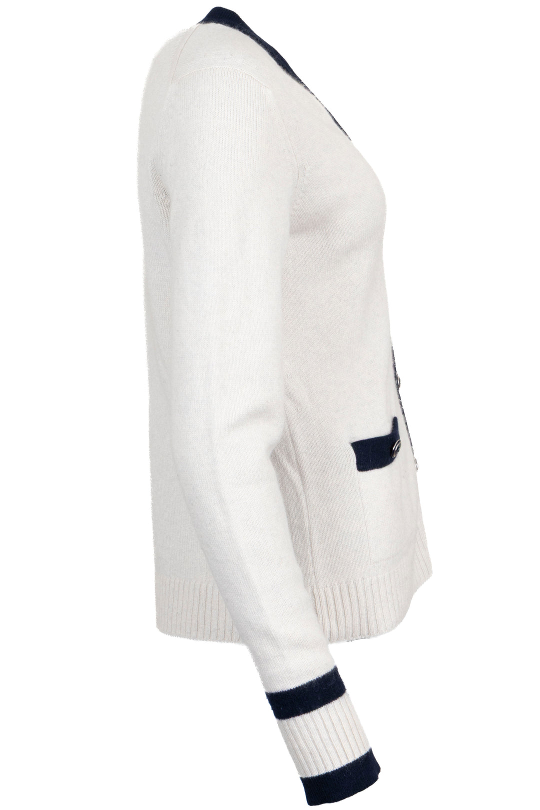 CHANEL 2007 Cardigan en Cachemire Col V Bordure Contrastante Gris Clair