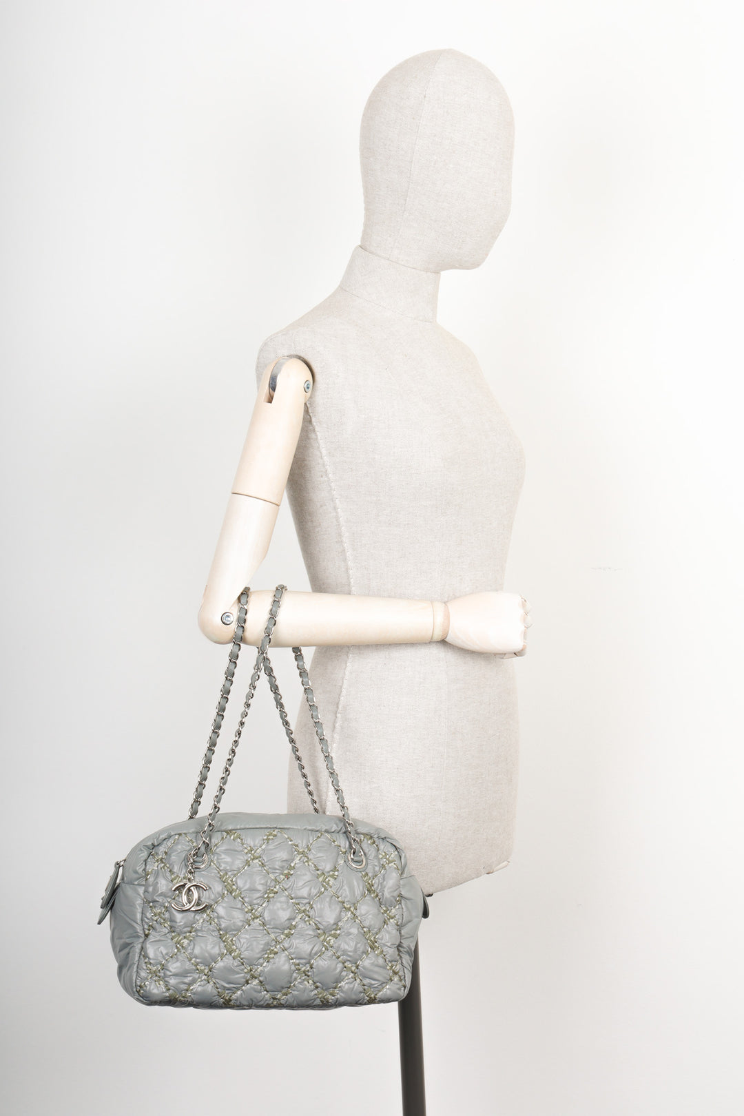 CHANEL Quilted Bubble Nylon Tweed Stitch Bag Grey