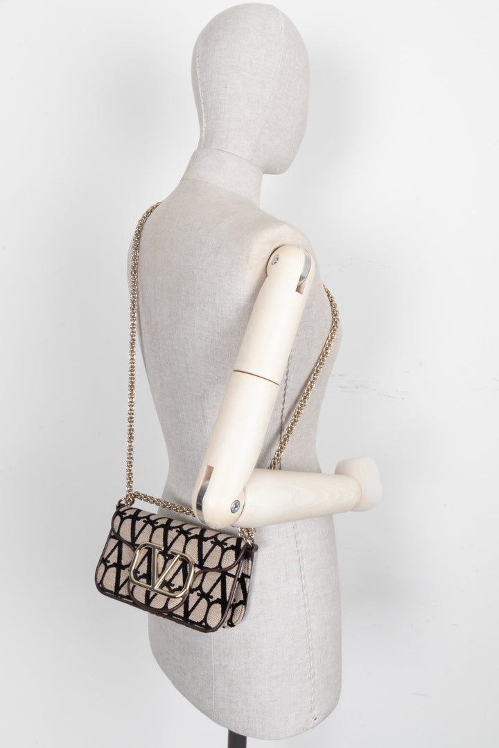 VALENTINO Loco Toile Iconographe Shoulder Bag Small Beige Black