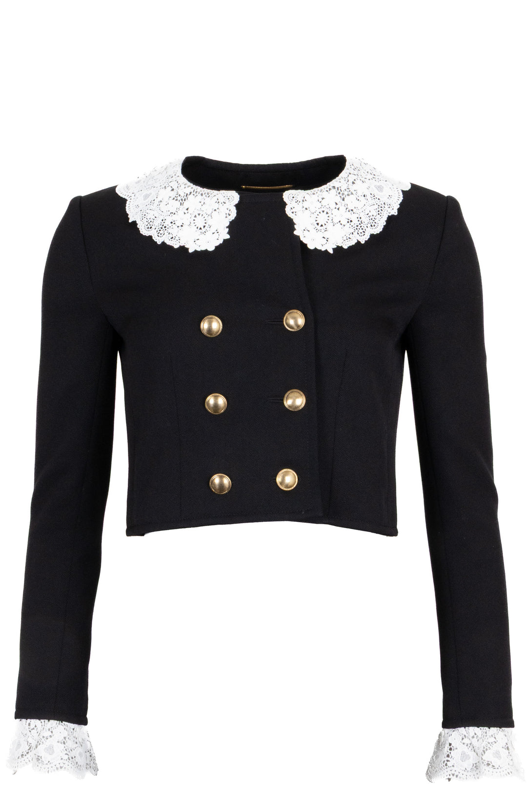 SAINT LAURENT 2021 Veste Courte en Laine Noire Bordée de Dentelle