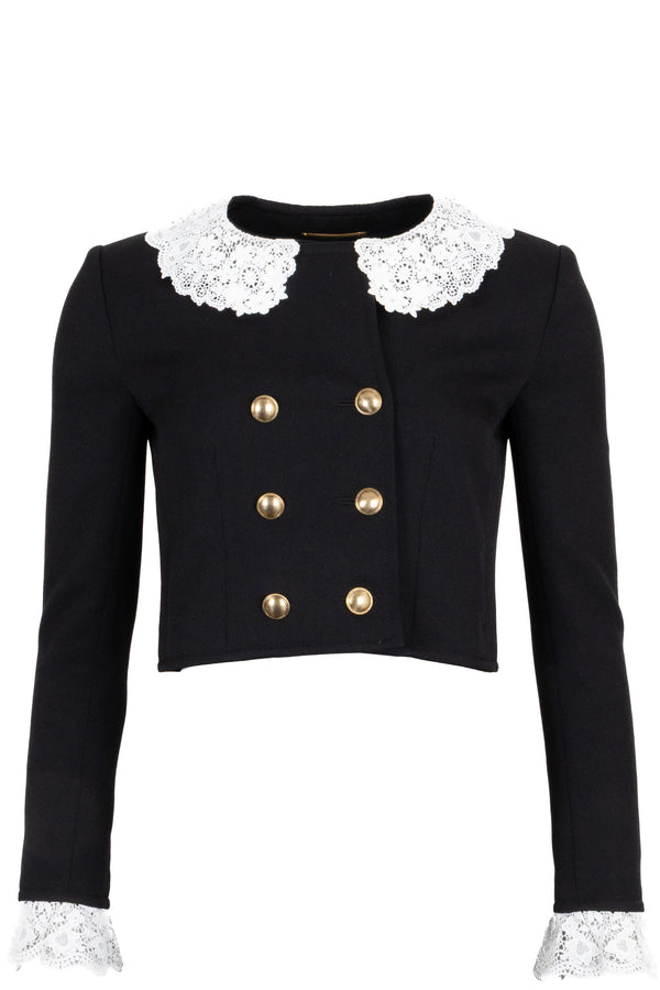 SAINT LAURENT 2021 Veste Courte en Laine Noire Bordée de Dentelle