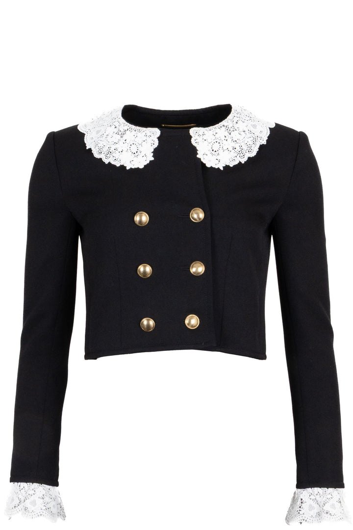 SAINT LAURENT 2021 Veste Courte en Laine Noire Bordée de Dentelle
