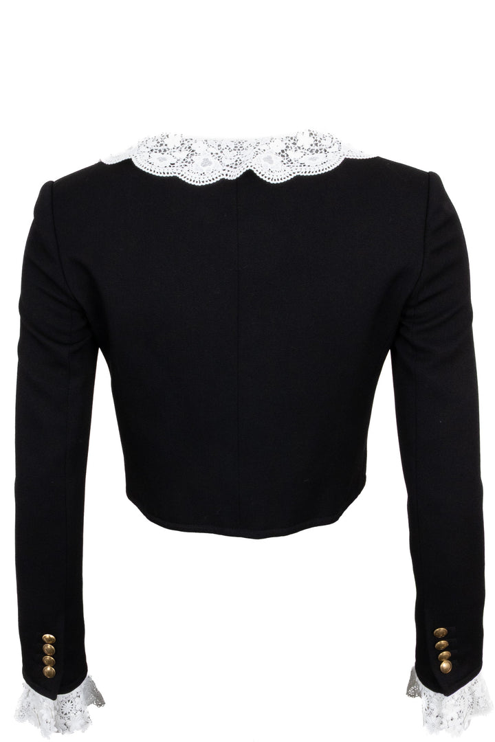 SAINT LAURENT 2021 Veste Courte en Laine Noire Bordée de Dentelle