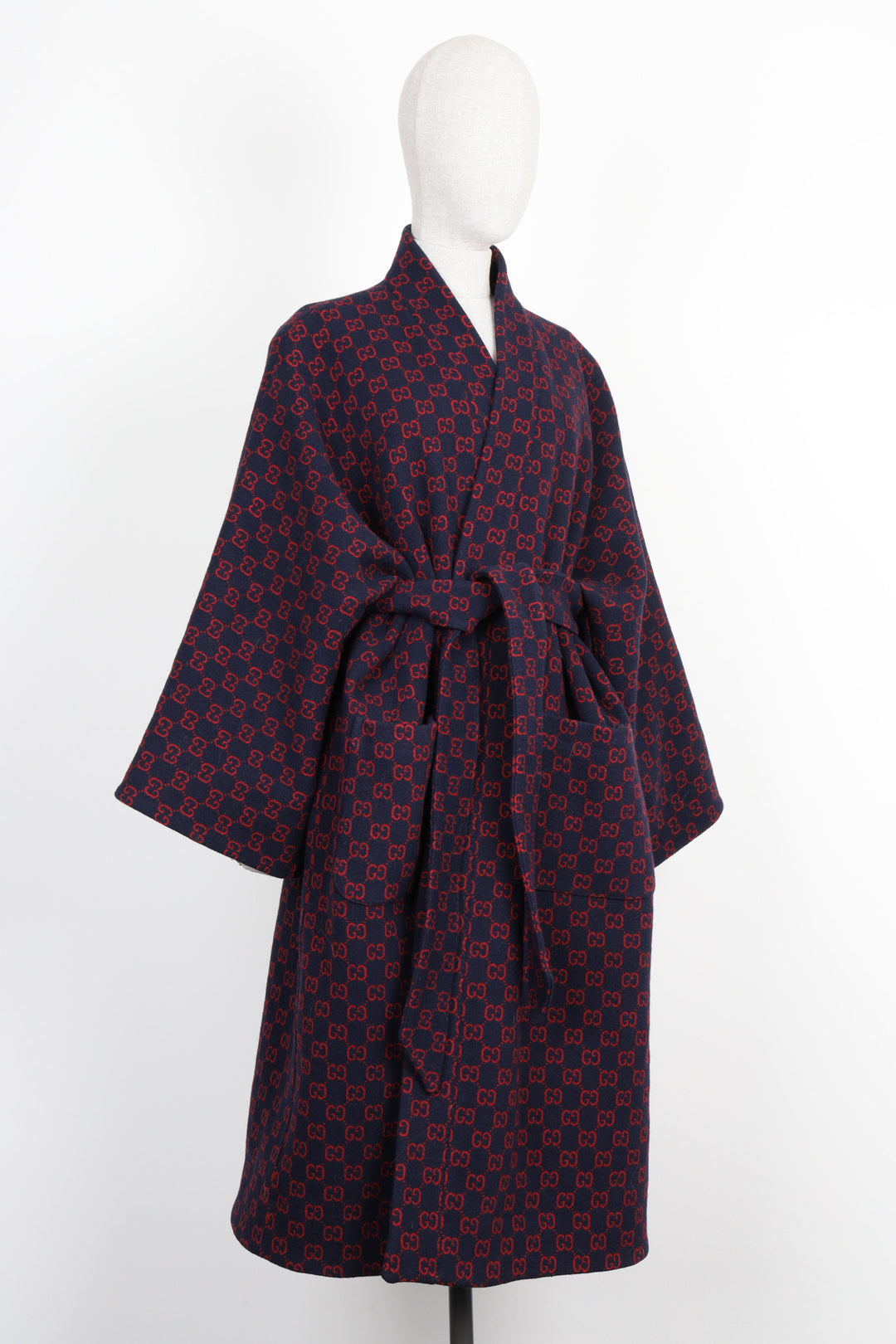 GUCCI Bathrobe Coat Wool GG Logo Blue  Red