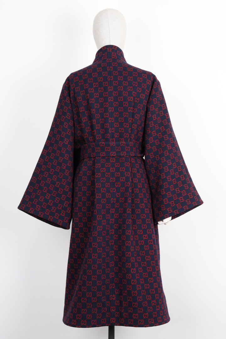 GUCCI Bathrobe Coat Wool GG Logo Blue  Red