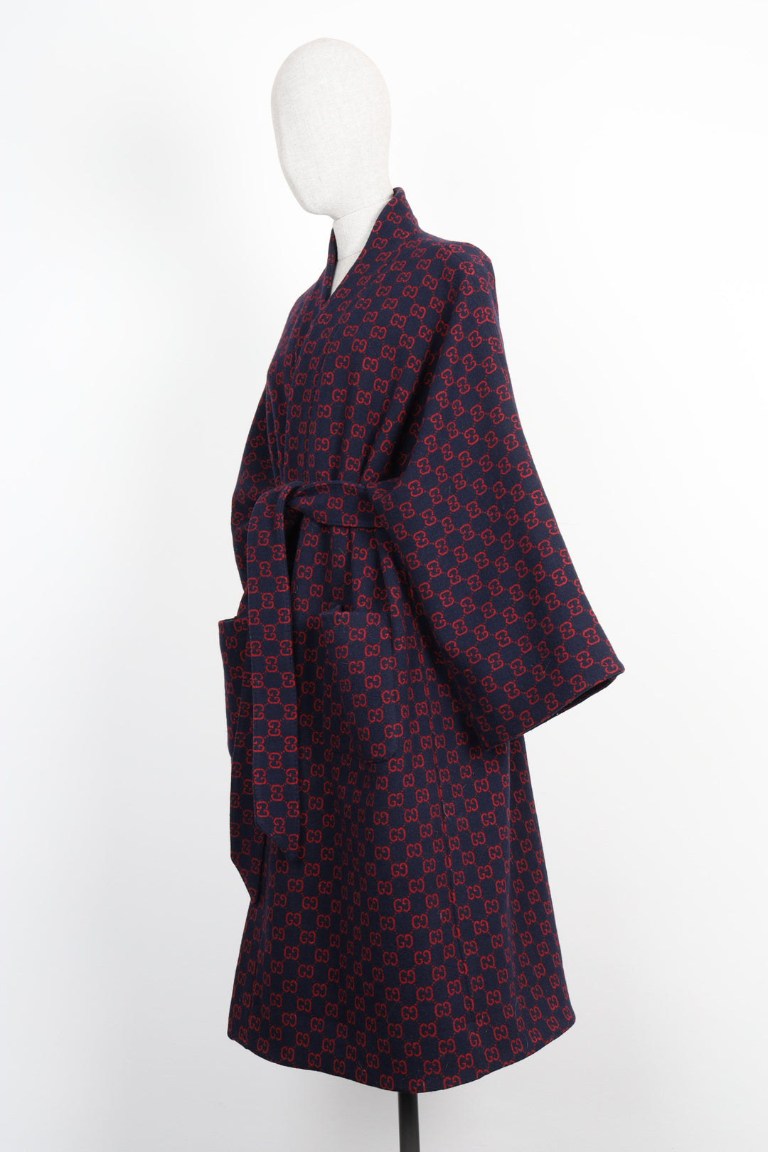 GUCCI Bathrobe Coat Wool GG Logo Blue  Red