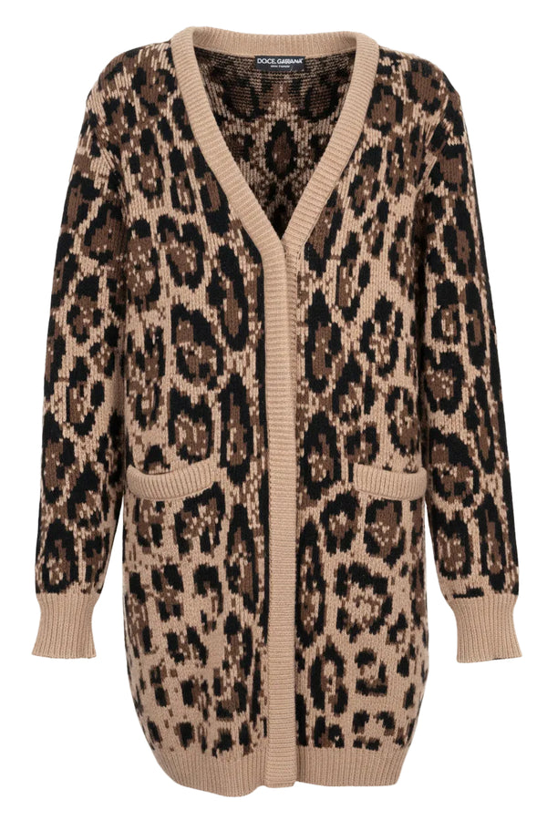 DOLCE&GABBANA Long Knit Cardigan Leopard Print Brown