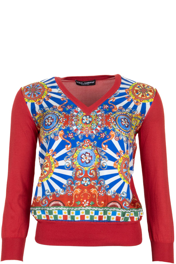 DOLCE & GABBANA Carretto Siciliano Printed Sweater Silk Red