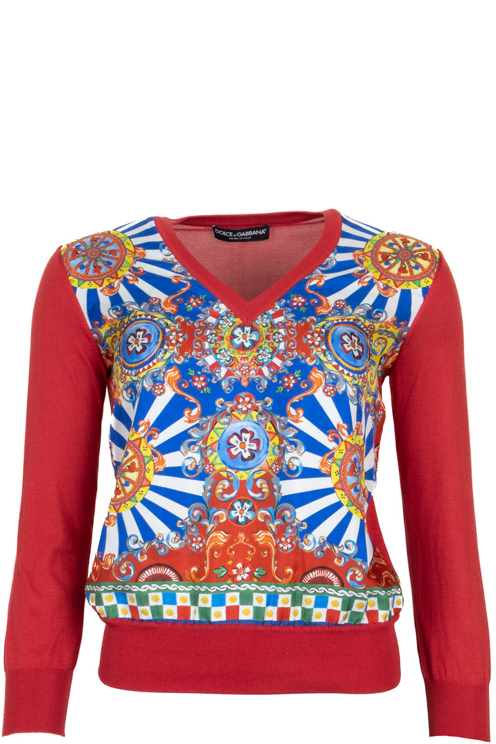 DOLCE & GABBANA Pull imprimé Carretto Siciliano Soie Rouge