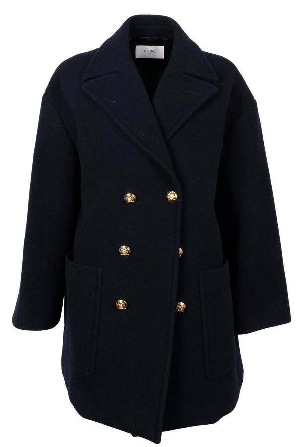 CELINE Manteau croisé en laine bleu marine