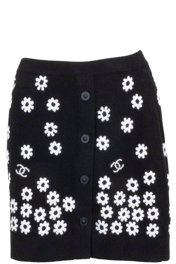 CHANEL Jupe en cachemire à fleurs CC noire