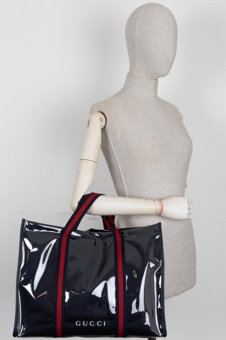 GUCCI Sac cabas Web en PVC bleu marine