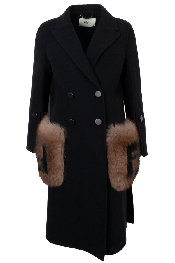 Manteau à poches imprimé Zucca FENDI en laine et fourrure de renard noir