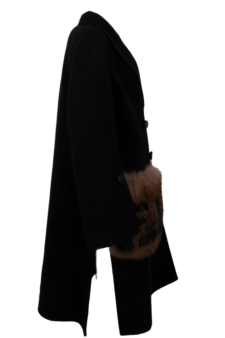 FENDI Zucca Print Pocket Coat Wool Fox Fur Black
