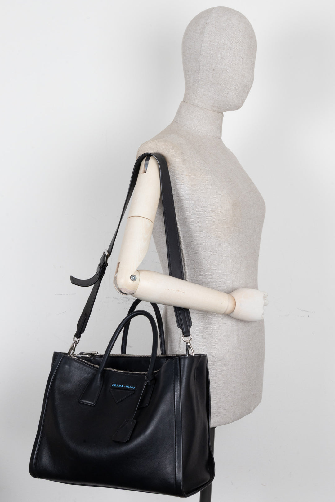 PRADA Concept Double Zip Tote Bag Leather Black