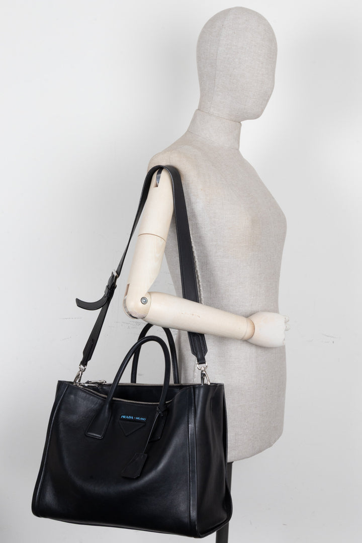 PRADA Concept Double Zip Tote Bag Leather Black