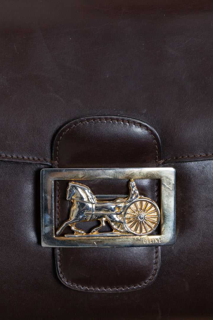 CELINE Sac bandoulière vintage en cuir box noir "Horse Carriage"