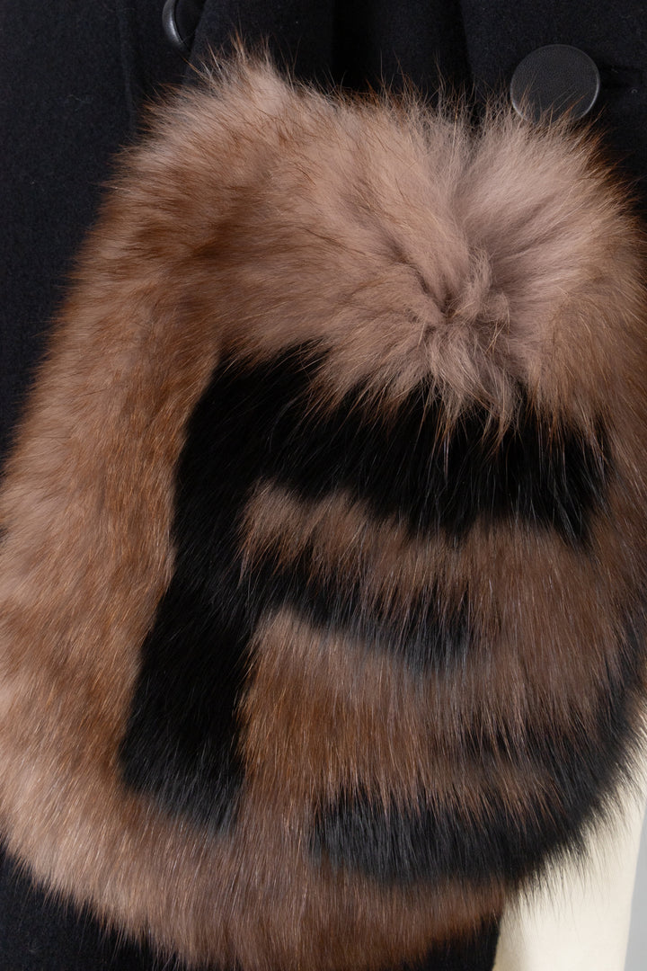 FENDI Zucca Print Pocket Coat Wool Fox Fur Black