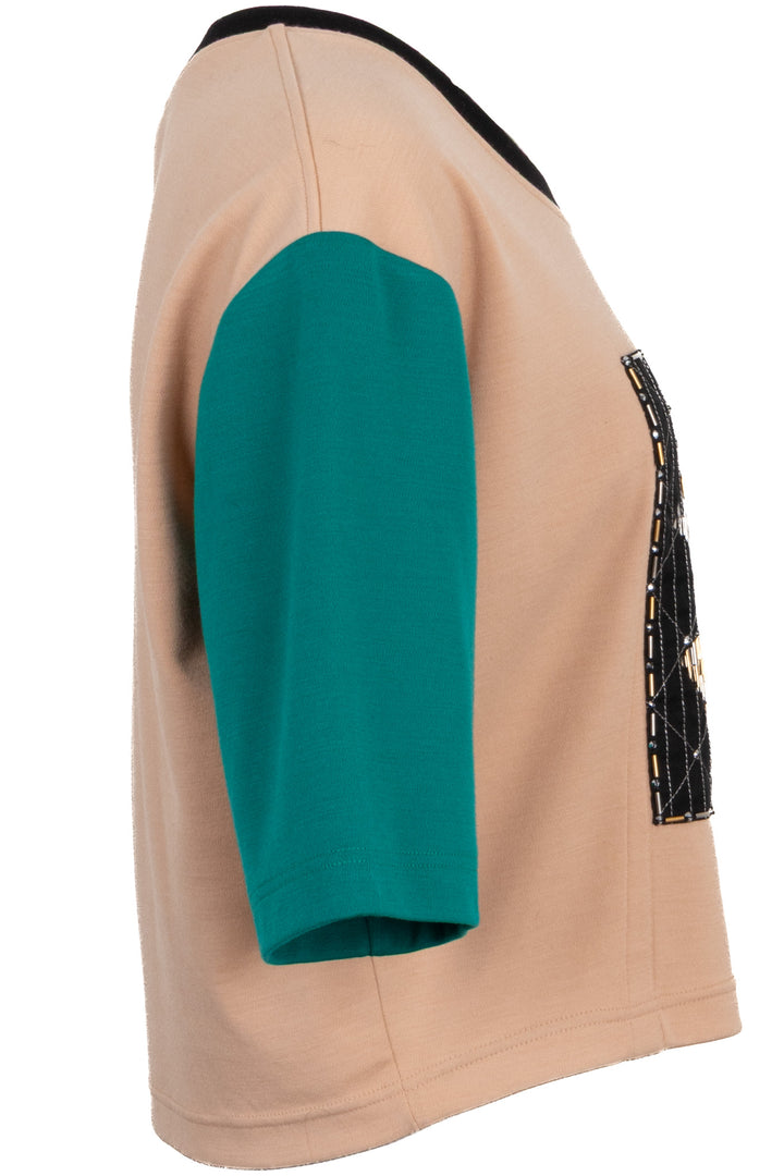 CHANEL Top à Manches Courtes en Laine Nude à Sequins CC