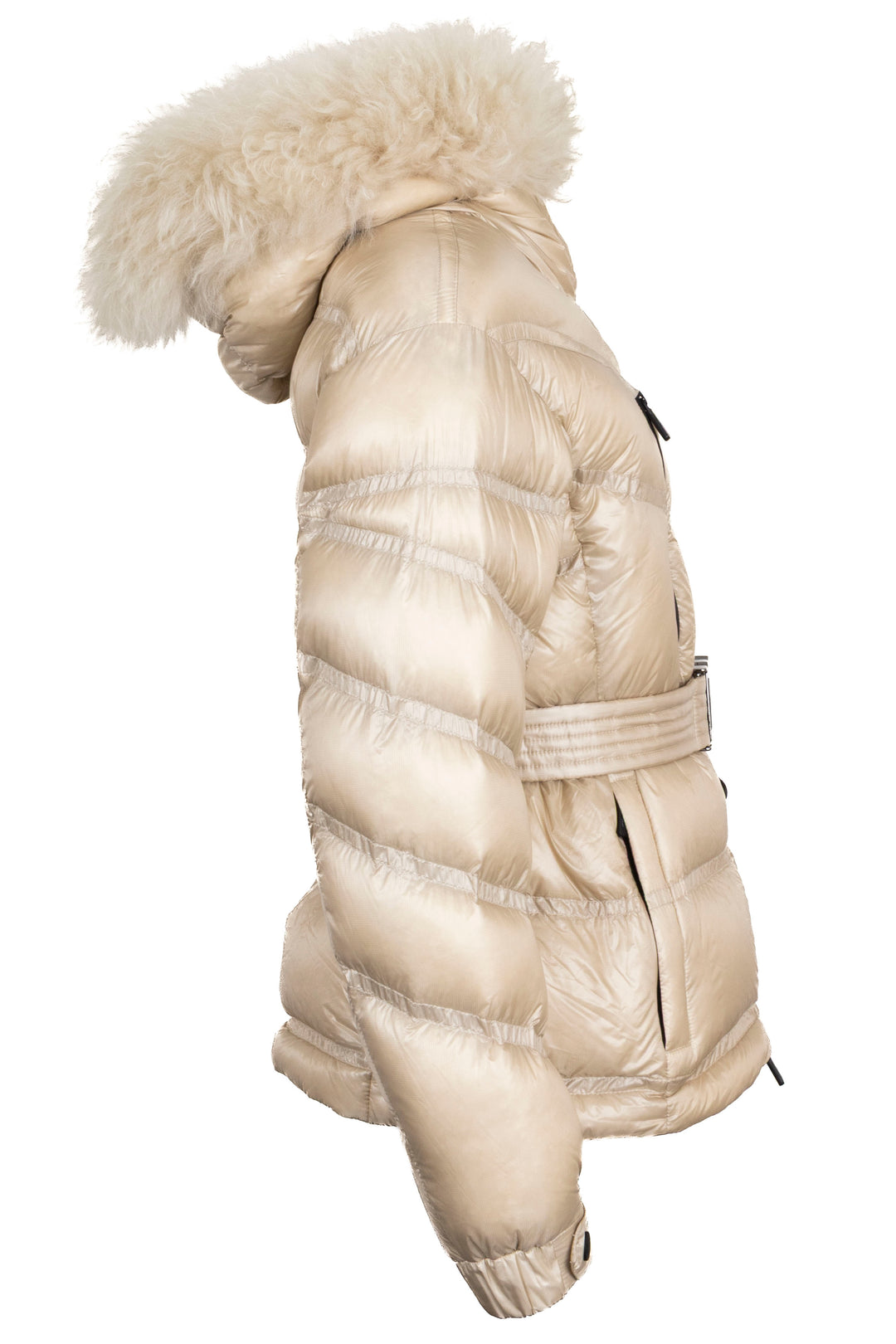 Doudoune matelassée ceinturée MONCLER Grenoble Bernin avec fourrure, duvet, beige