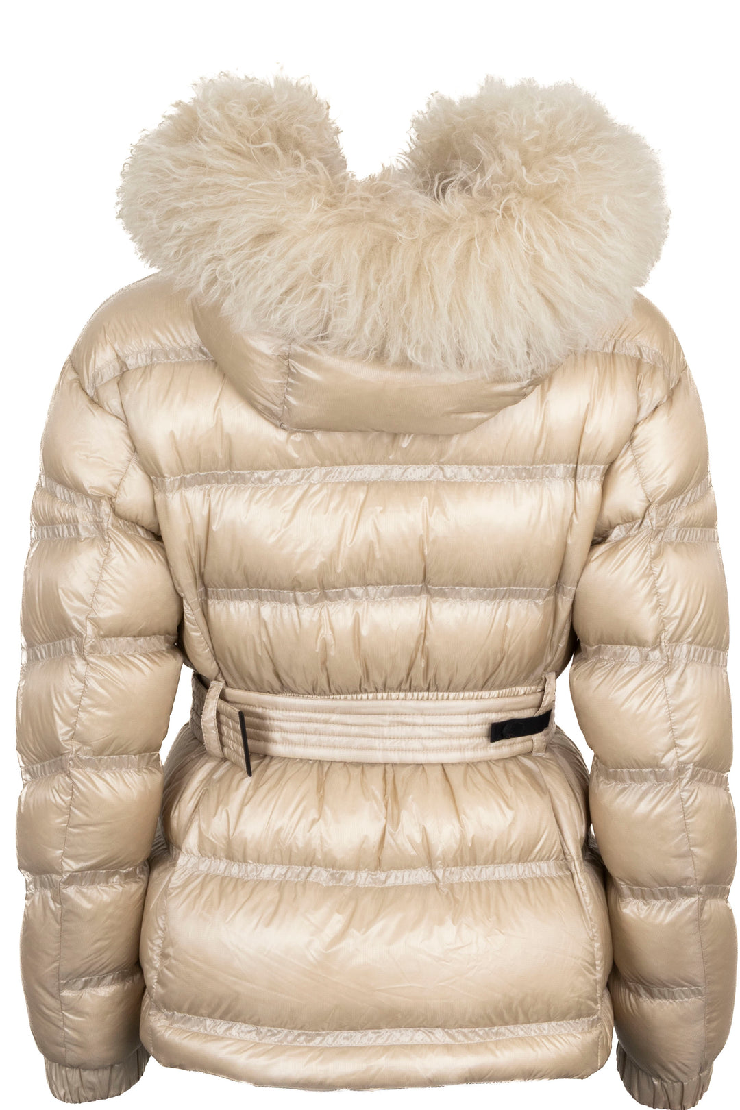 Doudoune matelassée ceinturée MONCLER Grenoble Bernin avec fourrure, duvet, beige